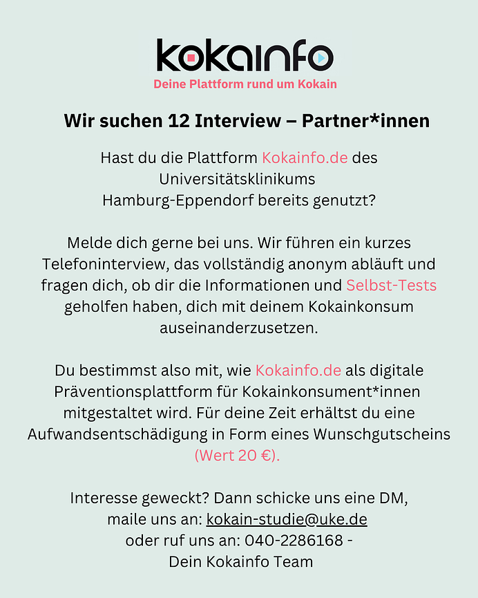 Bild 1 Wir suchen Interviewpartner*innen die die Website kokainfo.de genutzt haben