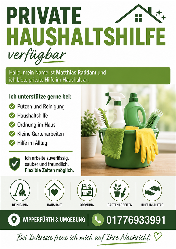 Bild 1 Hallo, mein Name ist Matthias Raddam und ich biete private Hilfe im Haushalt an.