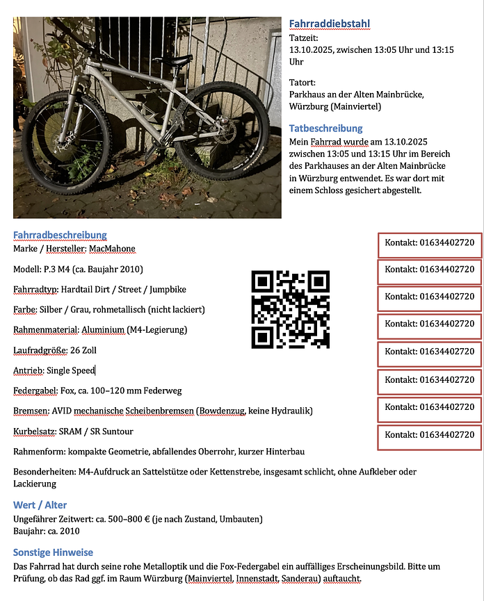 Bild 1 Fahrraddiebstahl 13.10.2025 alte Mainbrücke