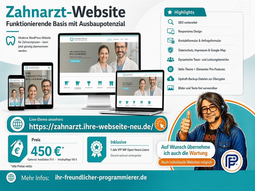 Bild 1 Moderne Zahnarzt-Website zu verkaufen – funktionierende Basis mit viel Ausbaupot