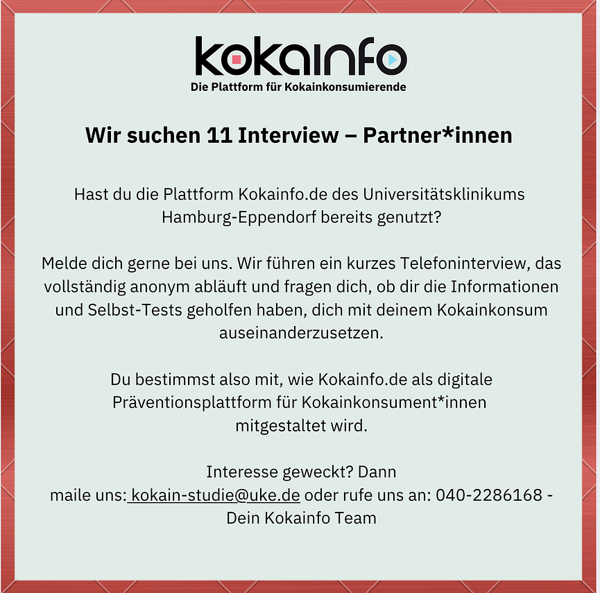 Bild 1 Wir suchen Interviewpartner*innen zur Bewertung von Kokainfo.de ❗
