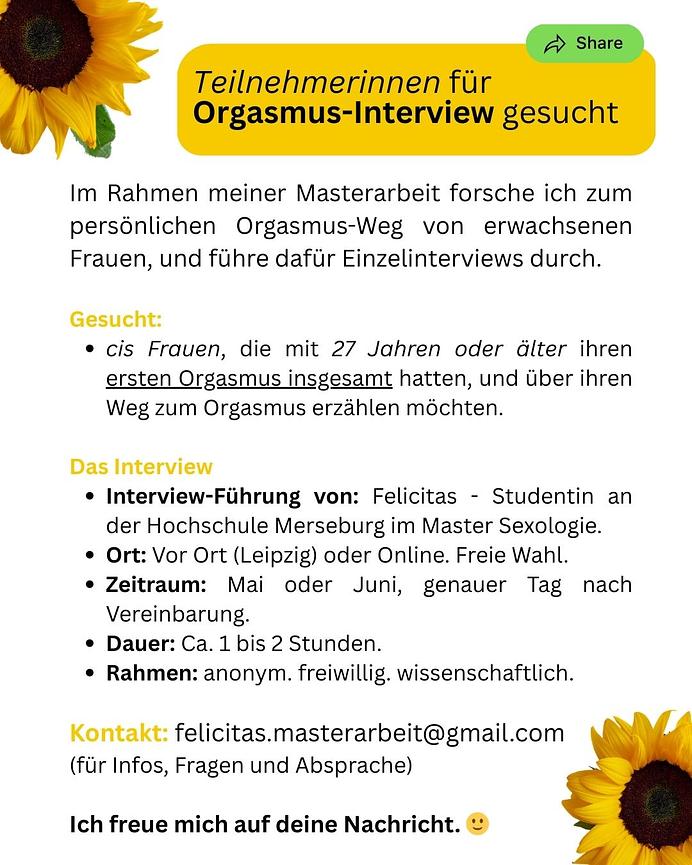 Bild 1 Teilnehmerinnen für Orgasmus-Interview gesucht (Masterarbeit)