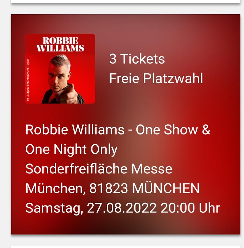 Bild 1 Drei Konzertkarten Robbie Williams 27.8.2022 in München 