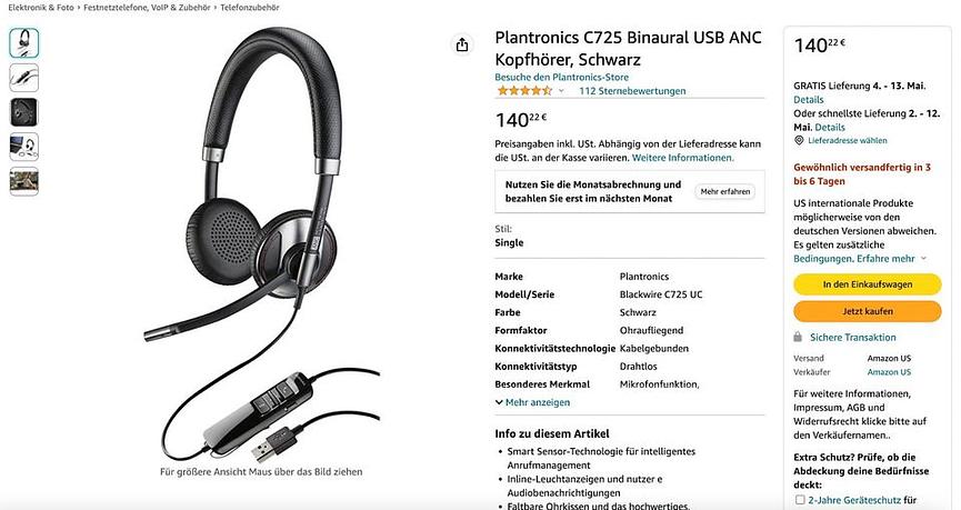 Bild 10 Plantronics C725 Binaural USB ANC Kopfhörer, Schwarz für 80€