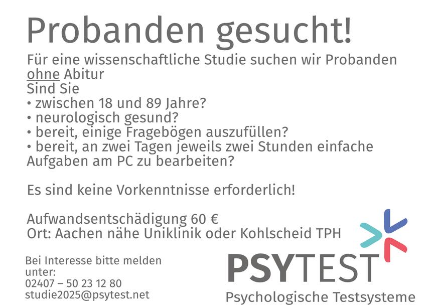 Bild 1 Teilnehmer für Studie gesucht - 60@ Aufwandsentschädigung