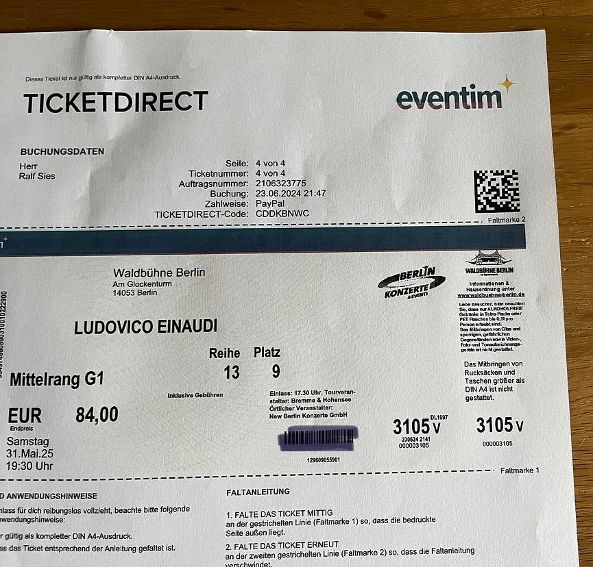 Bild 2 Ludovico Einaudi Berlin 31.5.25 2 Karten