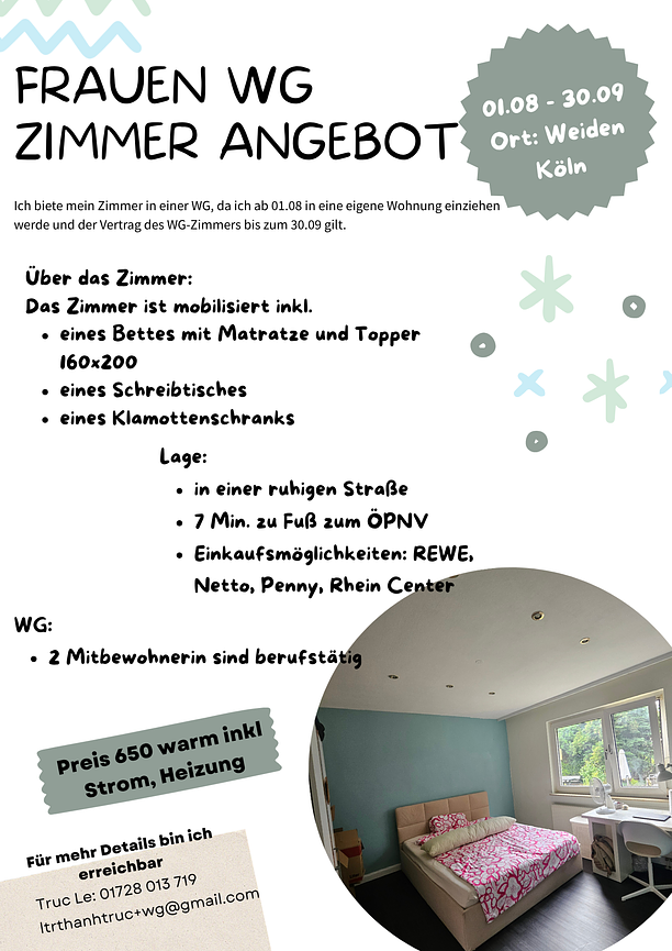 Bild 1 Frauen WG Zimmer zwischen 01.08 - 30.09