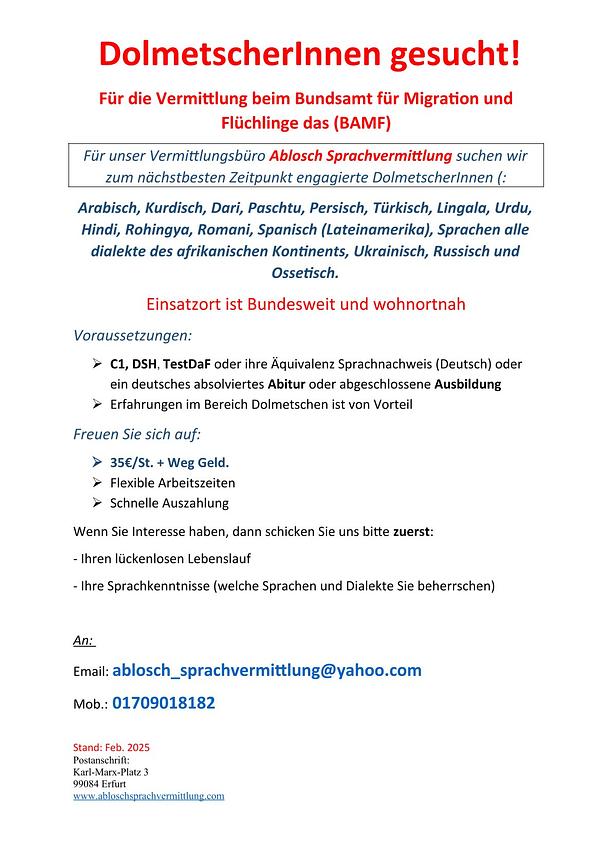 Bild 1 DolmetscherInnen gesucht!Für die Vermittlung beim Bundesamt das (BAMF)