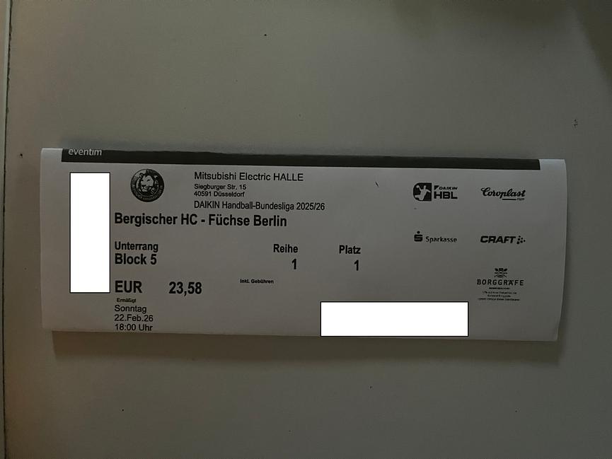 Bild 1 Handball Bergischer HC - Füchse Berlin Block 5 Reihe 1