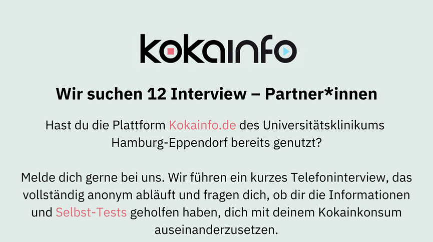 Bild 1 Wir suchen Interviewpartner*innen die die Website kokainfo.de genutzt haben