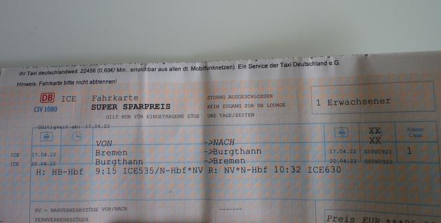 Vorschaubild DB-Ticket- Bremen-Nürnberg 17.04. hin und zurück 20.04.