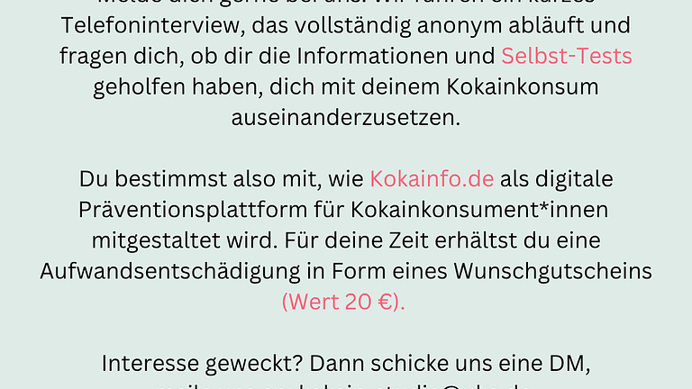 Wir suchen Interviewpartner*innen die die Website kokainfo.de genutzt haben