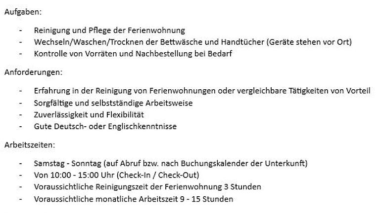 Vorschaubild Reinigungskraft (m/w/d) für Ferienwohnung Sa - So