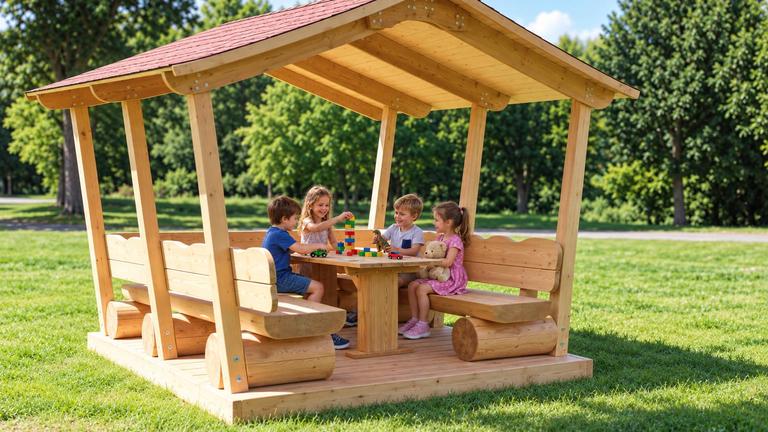 Überdachte Sitzgruppe. Gartenlaube. Gartenlaube. Weinachtsgeschenk.