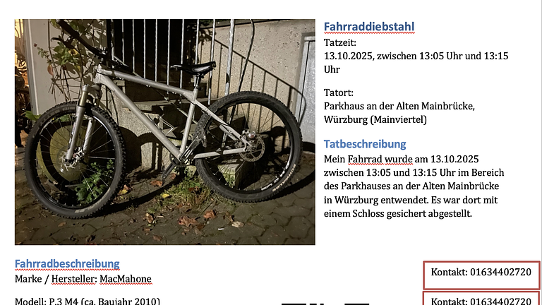 Fahrraddiebstahl 13.10.2025 alte Mainbrücke