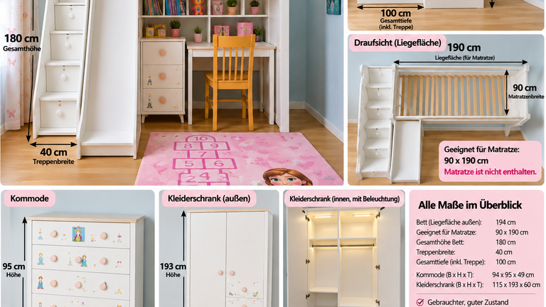 „Hochbett Kinderzimmer komplett – Schreibtisch, Rutsche, Schrank