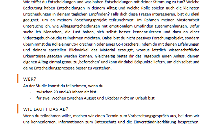 Vorschaubild Alltagsentscheidungen: Teilnehmende für Tagebuchstudie gesucht