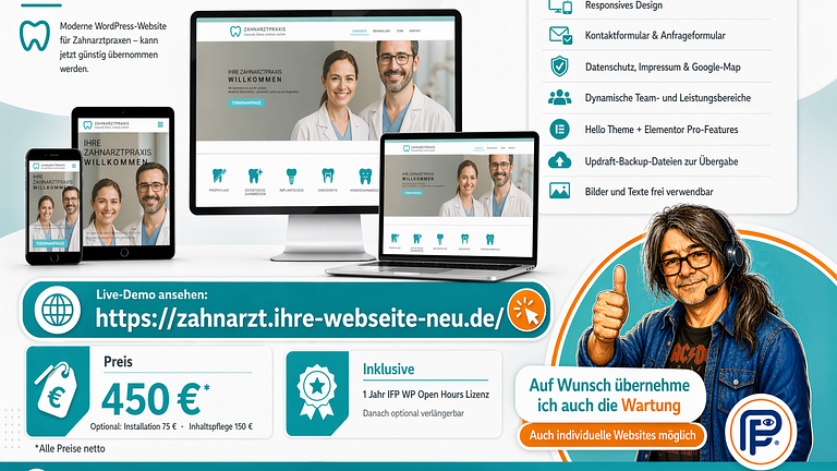 Moderne Zahnarzt-Website zu verkaufen – funktionierende Basis mit viel Ausbaupot