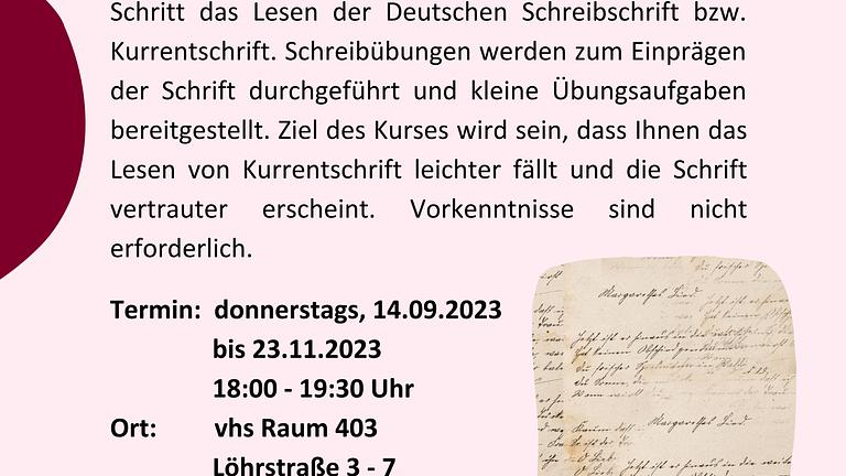 Vorschaubild Kurs zum Erlernen der Kurrentschrift (alte deutsche Schrift)