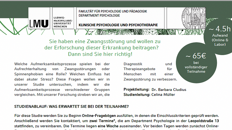 Vorschaubild Studienteilnehmer:innen mit Zwangsstörung gesucht (ca. 65€)!