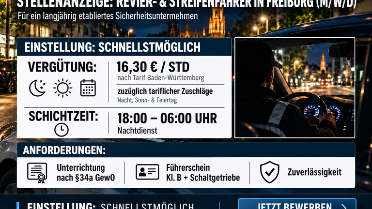 Revierfahrer / Streifenfahrer (m/w/d) Freiburg | 16,30 € + Zuschläge