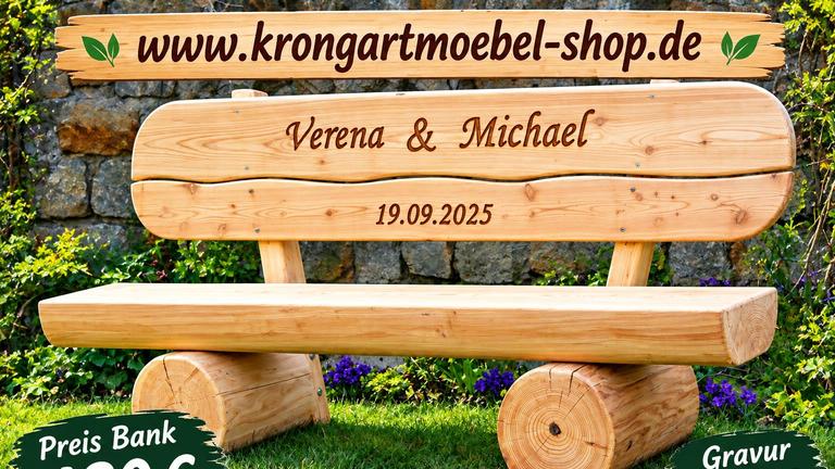 Gartenbank aus Lärche mit Gravur. Hochzeitsgeschenk Weinachtsgeschenk.