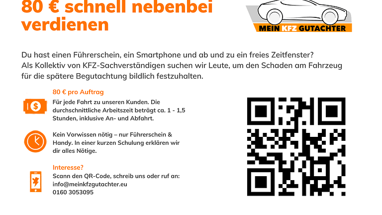 80 € pro Auftrag: Schadenfotos am Fahrzeug – flexibler Nebenjob