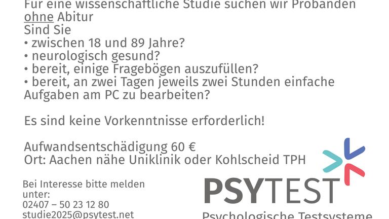 Teilnehmer für Studie gesucht - 60@ Aufwandsentschädigung