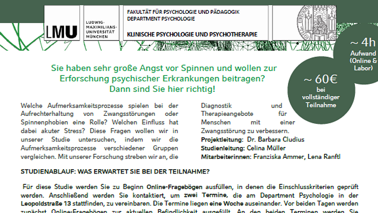 Vorschaubild Studienteilnehmer:innen mit Angst vor Spinnen gesucht (ca. 60€)!