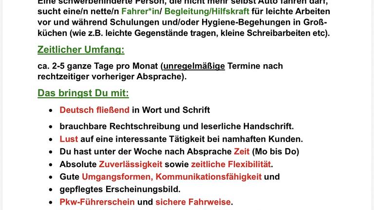 Nebenjob als Fahrer Assistenz für behinderte Person (m/w/d)