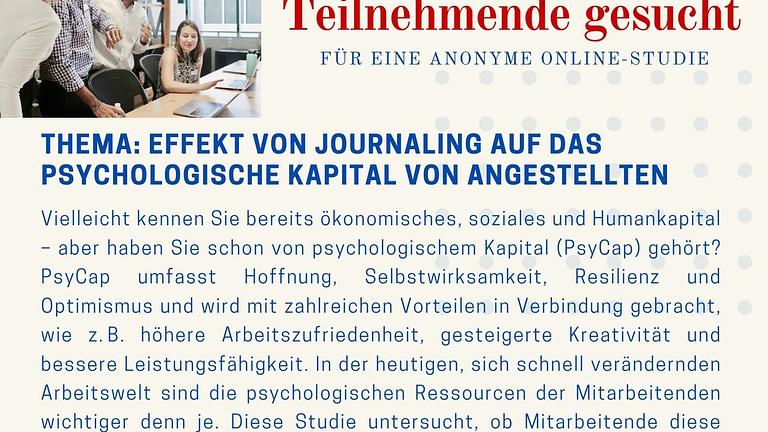 Studienteilnehmende gesucht (Masterarbeit: Psychologisches Kapital & Journaling)