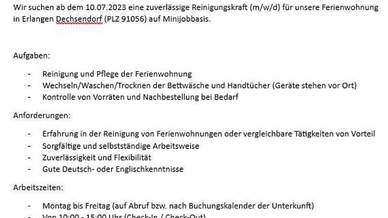 Vorschaubild Reinigungskraft (m/w/d) für Ferienwohnung Mo - Fr