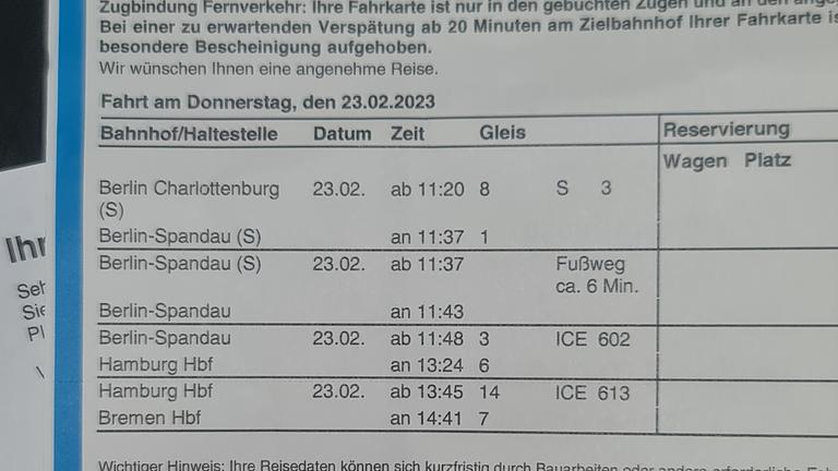 Vorschaubild ICE Ticket..  DO 23.02 Spandau-Bremen.. 30eu